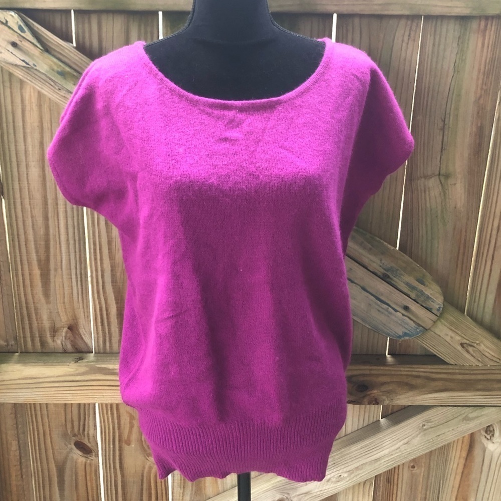 Vintage Beldoch Popper Fuchsia Pink Lambswool Blend Short Sleeve Sweater Size S
